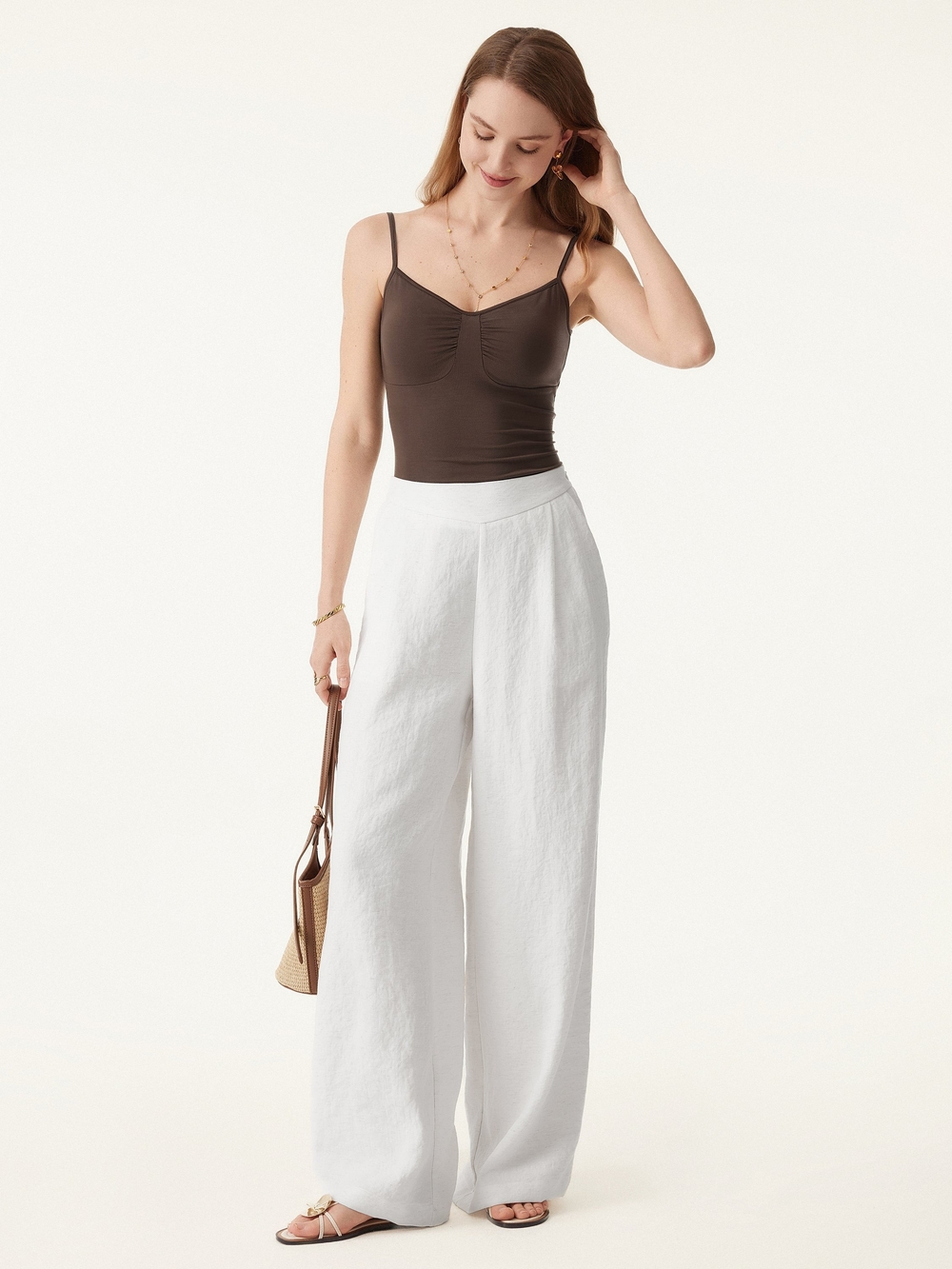 OGL Breezy Linen-Like Mid Rise Wide Leg Pant with Pockets